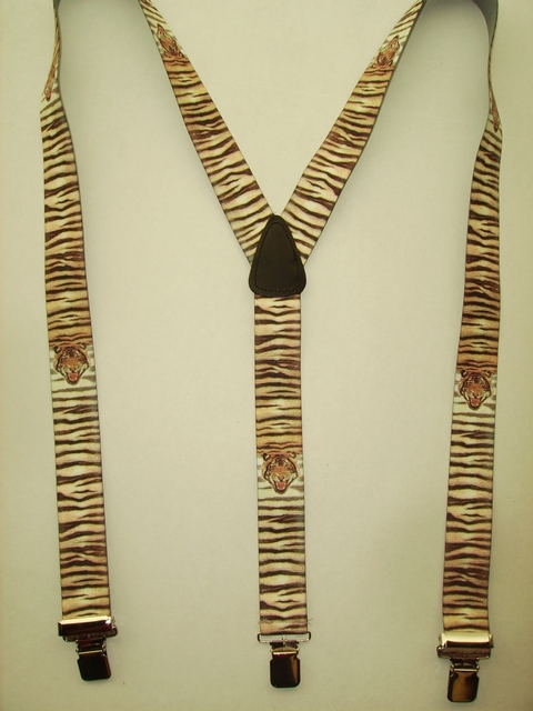WILD LIFE TIGER "Y" Style 1 1/2" X 48" long. All Straps are stretchable Cotton/Polyester Hand Washable-Hang to Dry Material with Real Leather Patch, 3 Strong 1" x 1" Stainless Steel Grips and Two Secure Stainless Steel Adjusters. Fits 4' 8" to 6' 2" Average Build. Y-UB420N48WLTG